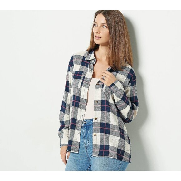 PARK Tops - Studio Park x Courtney Khondabi Plaid Button Front Shirt Navy Medium A491908